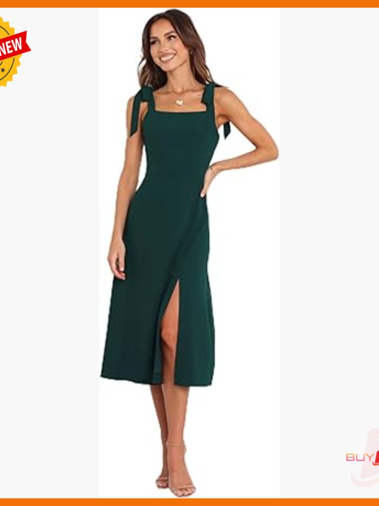 Midi Dress With Tie Straps Shirred Back Panel Back Zip Front Split